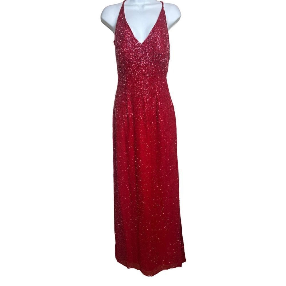 Scala Red Silk Beaded Plunge Neckline Dress Gown NWT Sz. PM